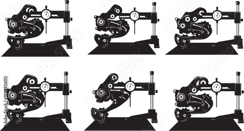 Six identical black and white sewing machines in motion