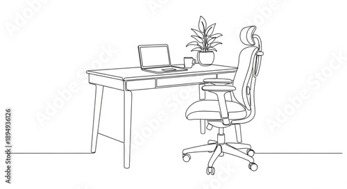 Minimalist line art drawing of a modern office desk and chair.