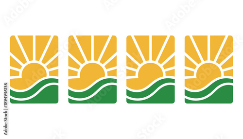 Yellow sun rising over green hills in four identical rounded square sunrise white lines in white background.