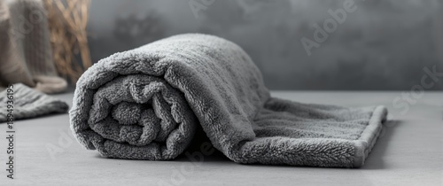 Comfortable grey coral fleece throw, rolled up and isolated on grey background