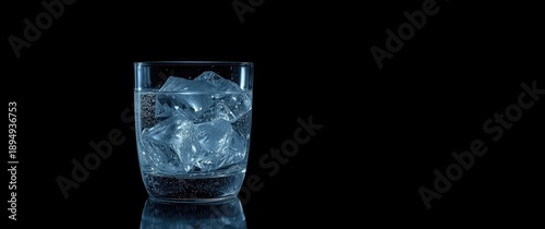 Black background featuring a glass with ice in close-up
