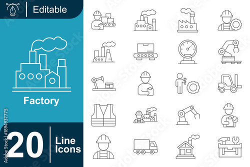 Editable Factory Line Icons Set Industry, Manufacturing, Construction, Engineering, and Logistics Symbols