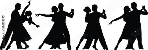 Ballroom dancer silhouette, elegant dance pose, formal attire couple, graceful movement, black and white vector art, flavector