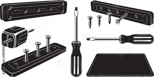 Black and white illustration of screwdriver and hardware tools