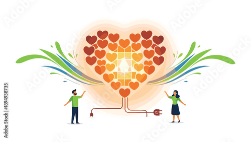 Couple connecting hearts with energy flow symbolizing love and relationship, Generative AI.