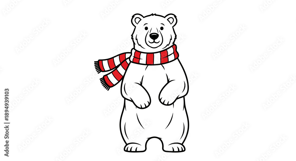 Fototapeta premium Cartoon Polar Bear Wearing Scarf Standing.