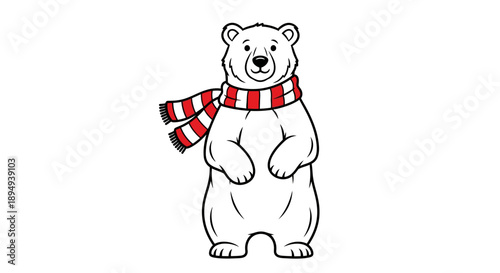 Cartoon Polar Bear Wearing Scarf Standing.