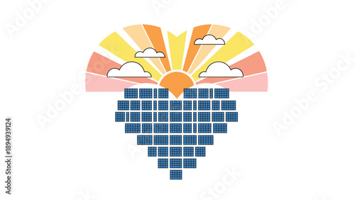 Heartshaped solar panel array with sun and clouds symbolizing love for renewable energy, Generative AI.