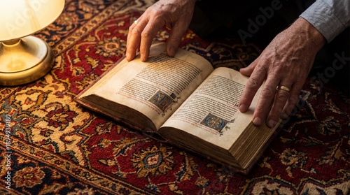 Man reading an old book with illuminated letters on a patterned rug indoors