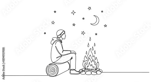 Person Sitting by a Campfire under Stars.
