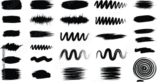 Black Brush Stroke Variations – A Grid of Artistic Textures Featuring Zigzags, Spirals, and Rough Lines for Creative Design Use