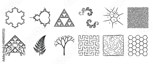 Hand-drawn collection of fractal and mathematical patterns like the Koch snowflake, Sierpinski triangle, and Voronoi diagram, sketched in a simple black and white doodle style