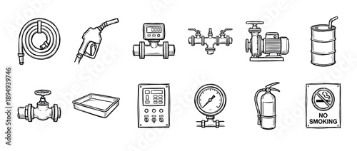 Collection of hand drawn industrial icons showing fuel station equipment like a pump nozzle, hose, barrel, pressure gauge, and fire safety signs in a black and white sketch style