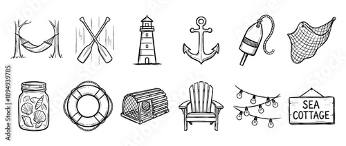 Collection of hand-drawn nautical icons including a lighthouse, anchor, lifebuoy, and seashells, all rendered in a charming black and white sketch style for a seaside cottage theme