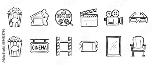 Collection of hand drawn cinema icons in a black and white sketch style featuring a film reel, popcorn, movie ticket, clapperboard, vintage camera, and 3D glasses