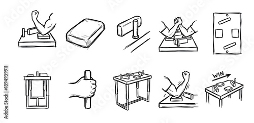 Set of hand-drawn arm wrestling icons showing various elements of the sport, including the table, a match, equipment, and a winning pose in a black and white sketch style