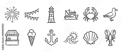 Set of twelve hand-drawn seaside icons featuring a lighthouse, crab, anchor, and fishing boat in a simple black and white line art doodle style for summer vacation themes