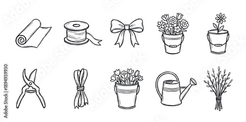 Set of hand-drawn florist icons featuring flowers in buckets, gardening tools, wrapping paper, and ribbons in a simple black and white doodle style illustration