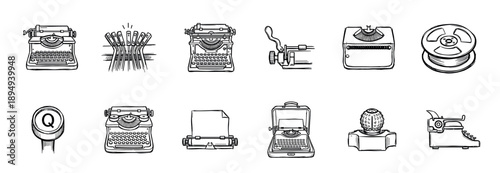 Set of twelve hand-drawn typewriter icons in a black and white line art style, illustrating retro writing machines, mechanical components, a ribbon, and a single letter key