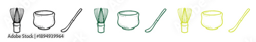 Matcha tea ceremony tool set illustration with a chasen whisk, chawan bowl, and chashaku scoop in black, green, and yellow-green color variations in a hand-drawn doodle style