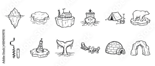 Set of twelve hand-drawn arctic icons featuring an iceberg, polar bear, igloo, icebreaker, whale tail, and sled dogs in a black and white sketch doodle illustration style