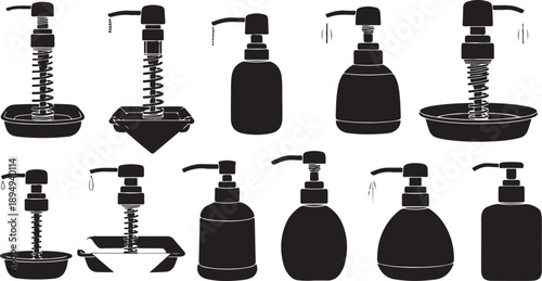Silhouette collection of various soap dispensers and holders shown