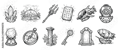 Set of hand-drawn fantasy adventure icons in a black and white sketch style, featuring a magic crystal, underwater city, trident, rune stone, submarine, and portal
