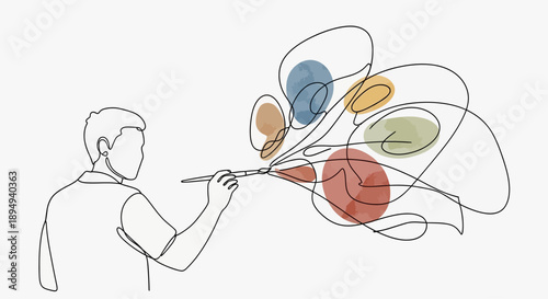 Man Painting Colored Abstract Shapes with Brush.