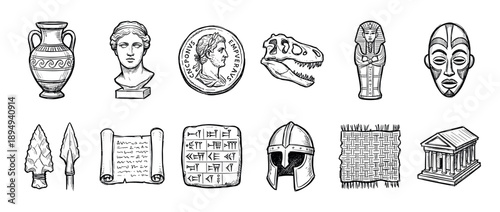 Hand-drawn collection of historical artifact icons representing various ancient civilizations in a black and white sketch style, including a classical bust, amphora, and dinosaur skull