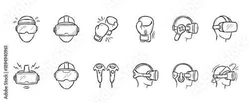 Hand-drawn virtual reality equipment icons including headsets, controllers, and boxing gloves in a minimalist black line art sketch style for technology and entertainment themes