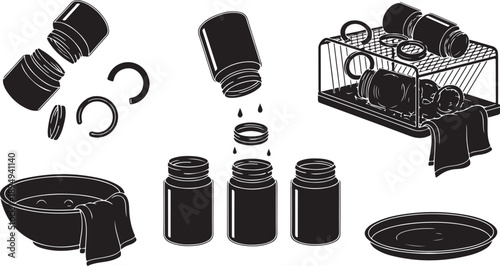 Black and white illustration of disassembled coffee capsules