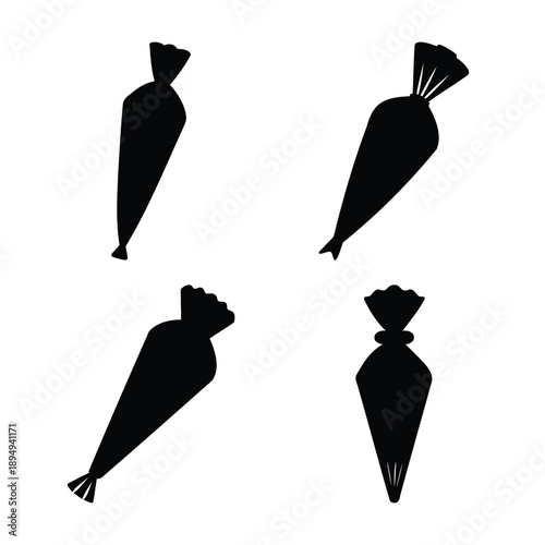 Collection of black silhouette icons depicting various piping bags for baking and confectionery