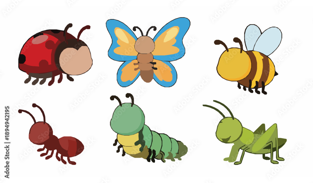 Obraz premium Cute cartoon insect vector set ladybug butterfly bee caterpillar