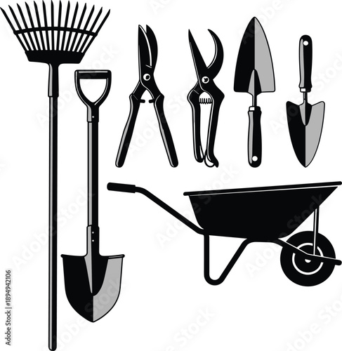 Gardening tools silhouette, black and white vector, shovel rake shears, essential garden equipment, landscaping icons set, flavector