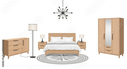 Modern Bedroom Furniture Set with Bed Wardrobe and Dresser.