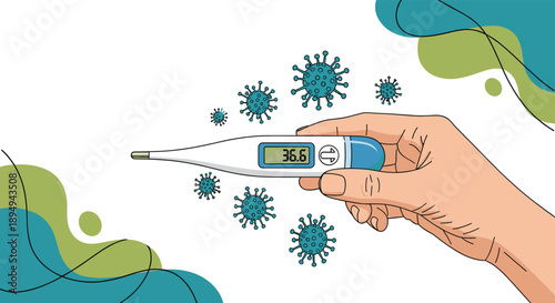 Medical health concept featuring a hand holding a digital thermometer displaying a normal body temperature surrounded by virus particles.