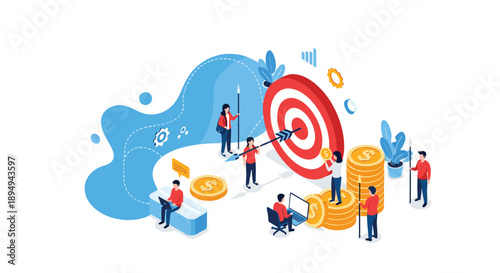 Business team members working together to achieve a common goal represented by a large target with an arrow in the center and gold coins.