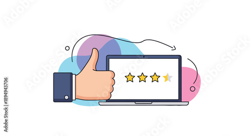 Customer feedback and online review concept showing a hand giving a thumbs up next to a laptop displaying a four-star rating score.