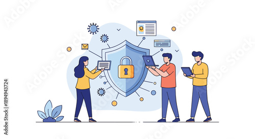 Cyber security and data protection team working around a large digital shield with a padlock icon and various information security symbols.