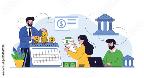 Financial management and banking services team working together with large calendars, money stacks, and bank buildings for fiscal planning.