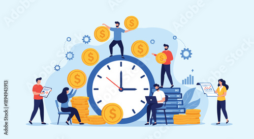 Effective time management and wealth creation concept showing people interacting with a large clock and gold coins.