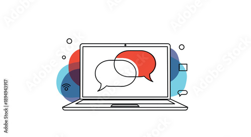 Digital communication and online chat concept featuring a laptop screen with speech bubbles over colorful shapes.