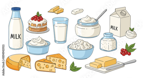 Diverse collection of dairy products including milk, cheese, yogurt, cottage cheese, and butter for a healthy diet.