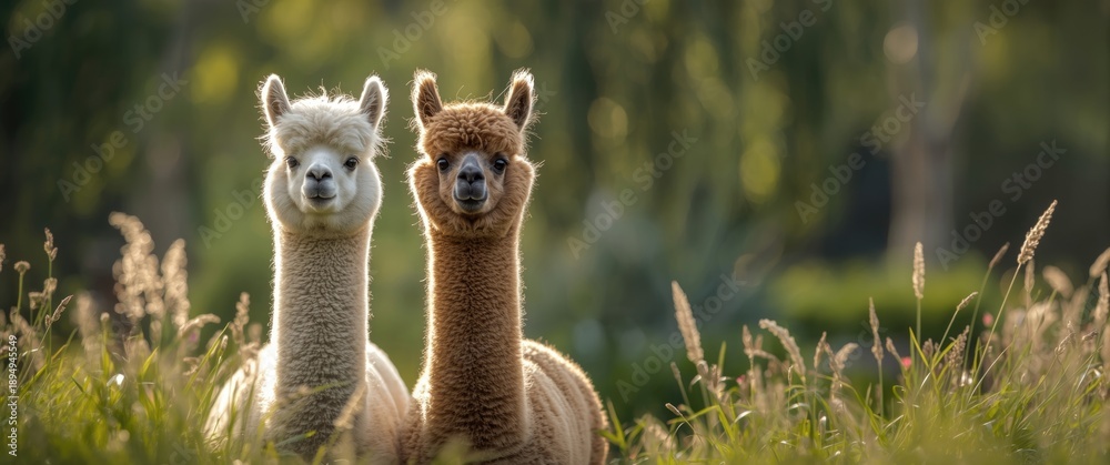 Fototapeta premium pair of fluffy alpacas in the zoo