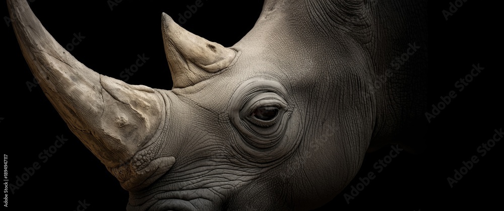 Obraz premium Detailed photograph of a white rhino's face, horn, and eye, highlighting endangered species