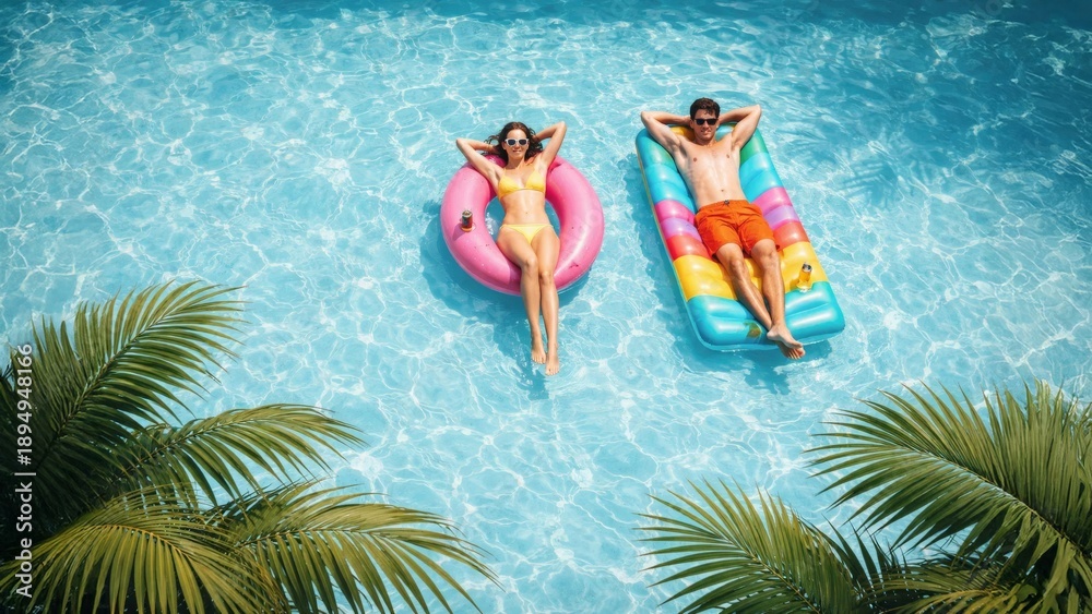 Naklejka premium Young couple relaxing on inflatable pool floats in clear blue water, summer vacation leisure and resort lifestyle.