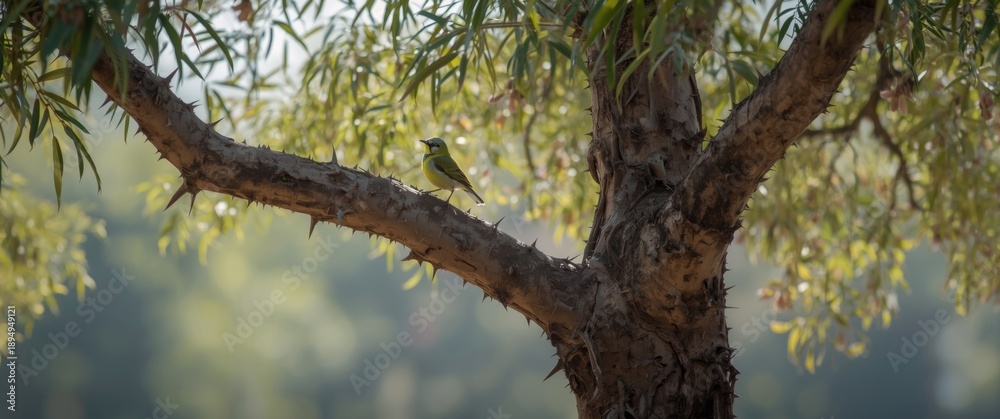 Fototapeta premium A delicate Indian White-eye perches on acacia tree branches with sharp thorns, displaying its vibrant yellow-green plumage and white eye-ring