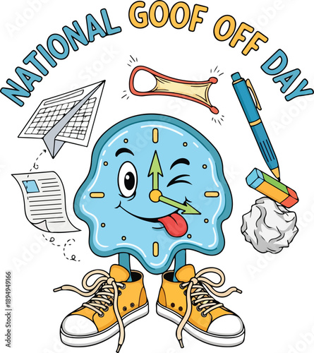 A cheerful cartoon clock character celebrates National Goof Off Day with a playful demeanor, surrounded by fun office supplies and stationery.