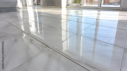 Shiny clean white marble floor tiles in modern interior with natural light from window, reflecting light and showing off the beautiful stone surface
