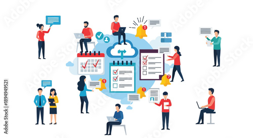 Diverse team members collaborate effectively using digital cloud tools for project management tasks